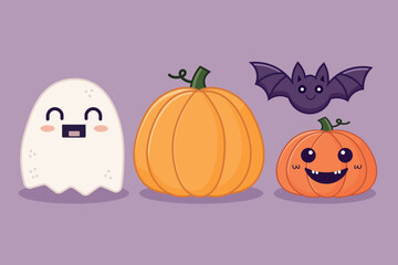Halloween cartoon scene with ghost, pumpkin, and bat on purple background