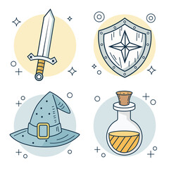 RPG or fantasy-themed icons: sword, shield, wizard hat, potion bottle