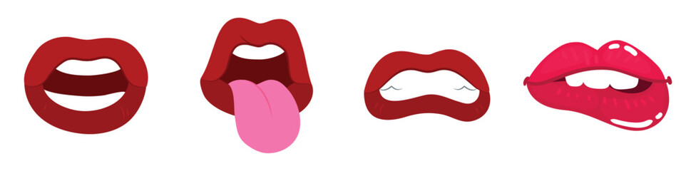 Lip, mouth vector icon. Red female lips collection. Woman lip expressed different emotions. Vector illustration eps 10