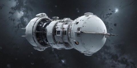 Futuristic vessel in white planet's orbit, against star field  , orbital, adventure, sphere