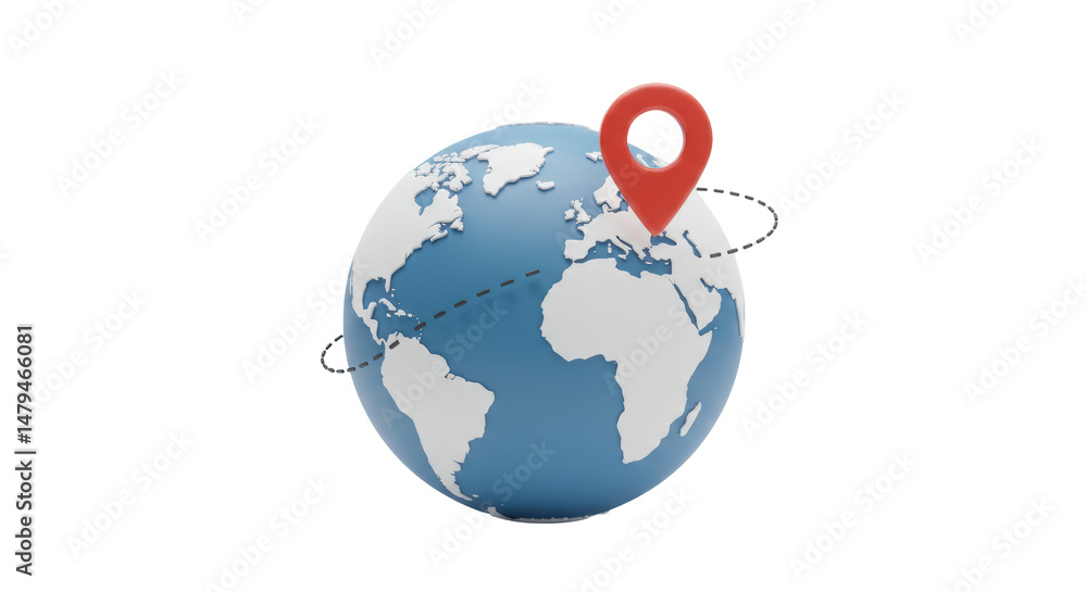 Poster isolated 3d globe with red location pin and orbiting line