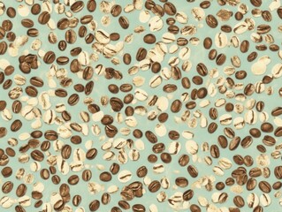 Coffee beans scattered on light blue background, overhead shot, brown and white, full frame, organic, natural