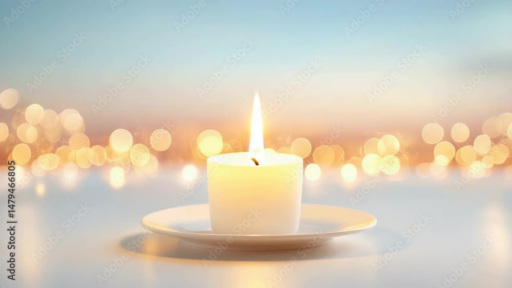 Poster minimalist candle placed on plate, illuminated by soft bokeh lights, creating warmth
