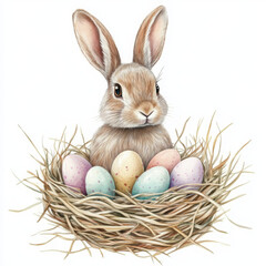 Bunny with pastel eggs in nest exudes spring joy and anticipation