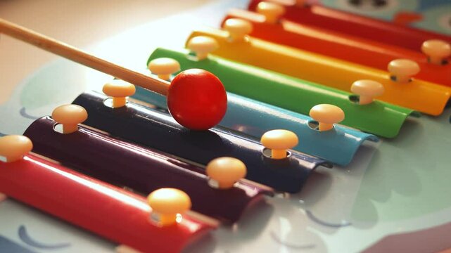 Close-up of a mallet hitting a colorful bar on a toy xylophone. Capturing the joy of music and playful learning.