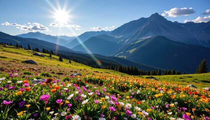 an alpine meadow bursts into color beneath the warm summer sun.
