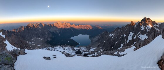 Mountain peak with sunrise over alpine lake