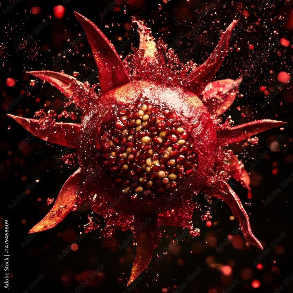 Poster dramatic close up of a pomegranate exploding with juice and seeds against a dark background studio s
