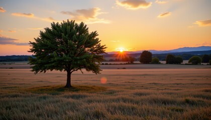 a single tree stands in the middle of an open field as golden hour approaches.