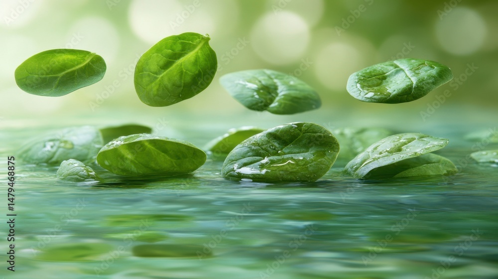 Poster fresh spinach leaves floating on water surface close up shot with bokeh background healthy food conc