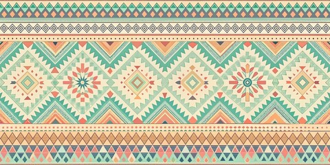 Elegant Pastel Tribal Geometric Textile Design with Intricate Patterns and Vibrant Hues