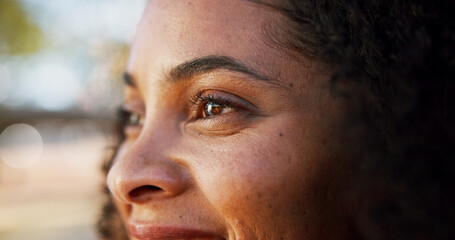 Obraz premium Woman, face and eyes for vision in city, inspiration or solution with ideas, thinking or mindset. Reflection, memory and remember with closeup for perspective, future and contemplating outdoor