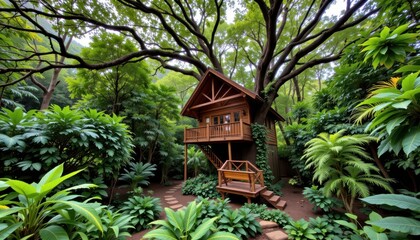 a treehouse nestles among ancient trees in a vibrant rainforest.