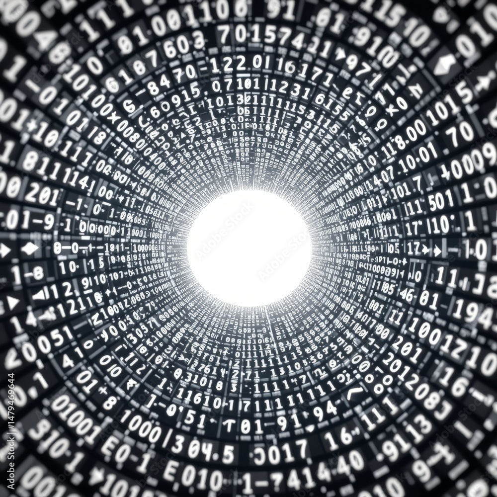 Poster binary code tunnel with numbers flowing towards a bright center