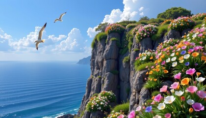 a flower covered cliff overlooks a vast ocean as seabirds soar overhead.