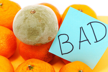Spoiled tangerine with mold on a yellow background. bad inscriptions on sticker