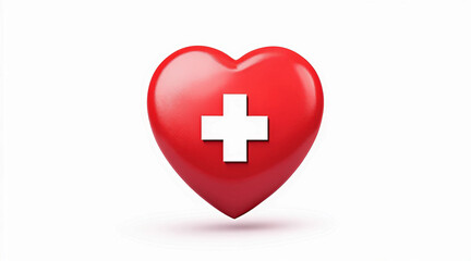 Obraz premium A highly polished 3D red heart with a subtle textured surface, prominently featuring a white medical cross at its center. The heart appears to float gently above a white surface.