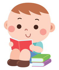 Cartoon Baby Boy Reading a Book with Stack of Books


