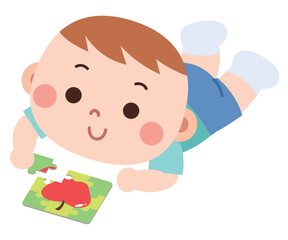 Cartoon Baby Boy Playing Puzzle on the Floor

