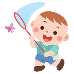 Cartoon Boy Catching Butterfly with Net

