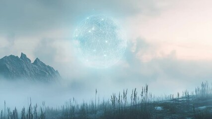Ethereal landscape shrouded in mist, with glowing orb illuminating mountains - Powered by Adobe