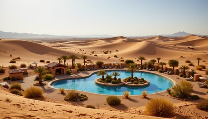 a shimmering oasis emerges from the endless dunes of the desert.