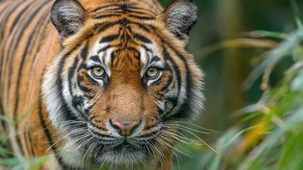 Naklejka premium Tiger Portrait: Striking feline face, intense gaze, powerful predator, wildlife, nature, conservation, orange, black stripes, green background, majestic.