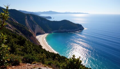 a crescent shaped bay glistens in the midday sun, surrounded by forested cliffs.