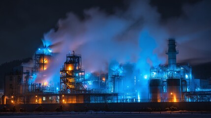 Fototapeta premium Industrial Complex at Night: Illuminated structure, smoke rising into the night sky, with an urban landscape.