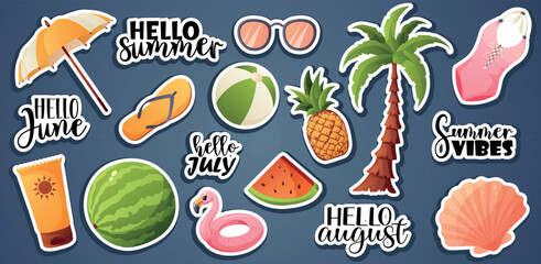 Vector sticker set with summer fruits, accessories, and text. Great for journals, stories, websites, packaging, and creative projects.
