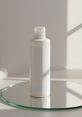 White plastic bottle of lotion on a mirrored surface