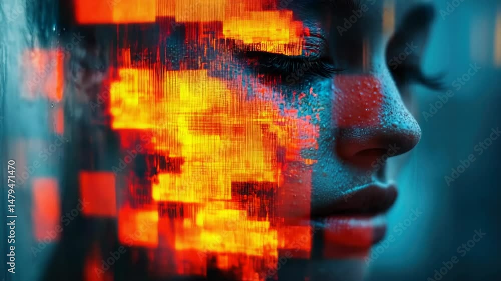 Poster ethereal portrait blending human features with vibrant abstract elements