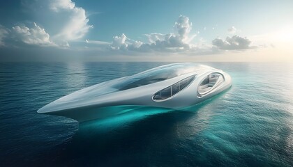 Fototapeta premium Futuristic, sleek vessel gliding across tranquil waters.