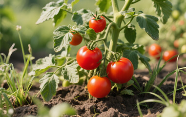 Tomato plants thrive in fertile soil, surrounded by wild grass. Green, unripe tomatoes hang beneath imperfect leaves, adding a raw, natural touch. Bright lighting enhances the fresh, organic feel.