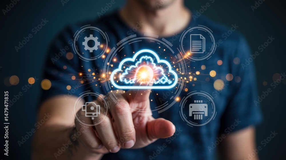 Poster a person interacts with a digital cloud storage concept.