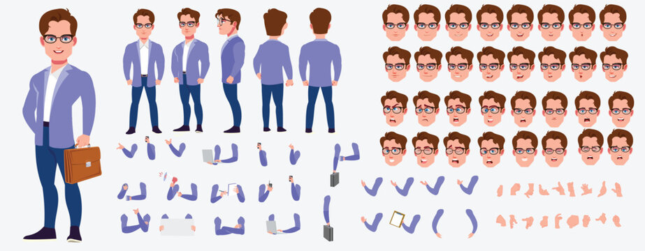 Man Character design. Front, side, back view and explainer animation poses. Character set with lip sync and facial expressions of Happy, angry, sad, Joy with Side walk cycle animation sequence sprite 