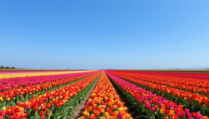 fields of tulips bloom in neat rows beneath an endless blue sky.