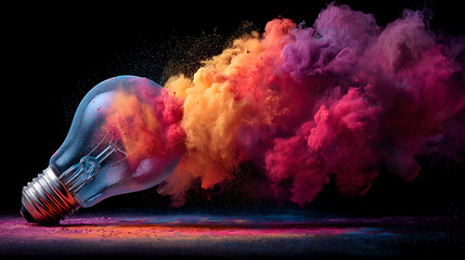 Artistic light bulb exploding into cloud of bright pigments, symbolic of inspiration and original thinking