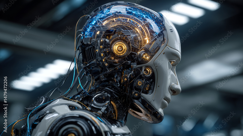 Poster artificial intelligence in humanoid head with neural network thinks. ai with digital brain is learni