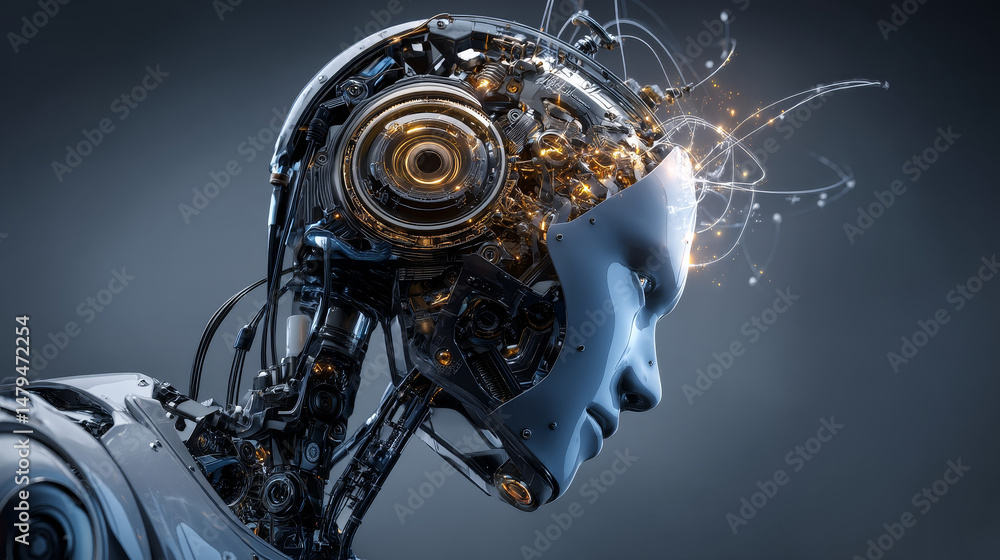 Poster artificial intelligence in humanoid head with neural network thinks. ai with digital brain is learni