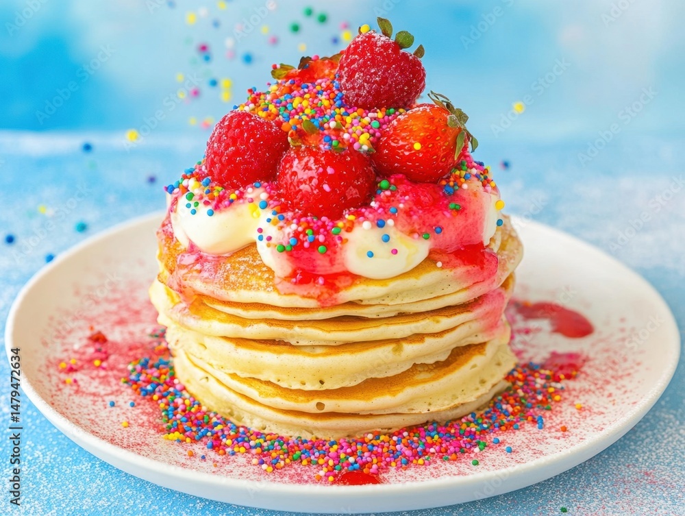 Poster stack of pancakes topped with strawberries and raspberries drizzled with syrup and sprinkles on a wh