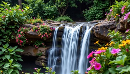a cascade of waterfalls tumbles down a jungle cliff surrounded by vibrant flowers.