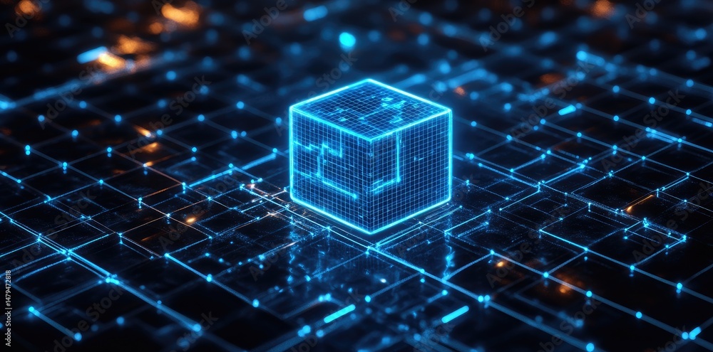 Poster a glowing blue cube stands at the center of a digital landscape filled with shimmering lights and in