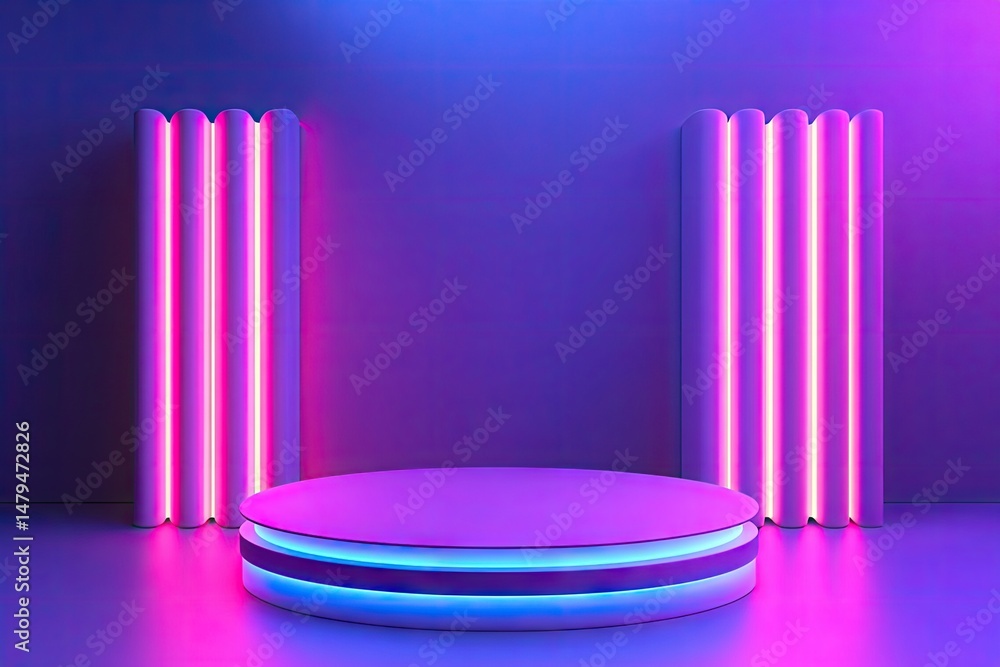 Poster a vibrant stage setup with colorful lighting and illuminated columns. creating an inviting atmospher