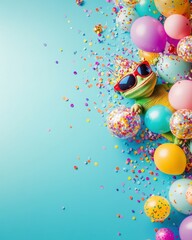 Lizard Celebrates Party Time with Balloons and Confetti on Blue Background Fun and Festive Celebration