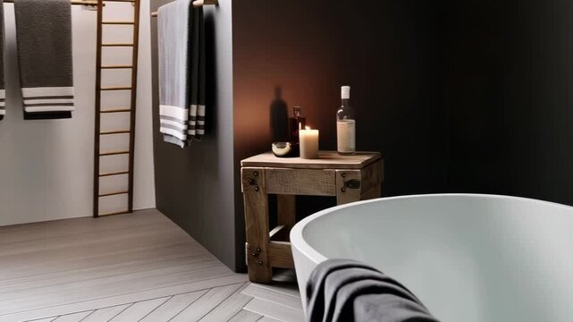 Modern bathroom interior with a white bathtub, wooden stool, and towel ladder against a dark gray wall