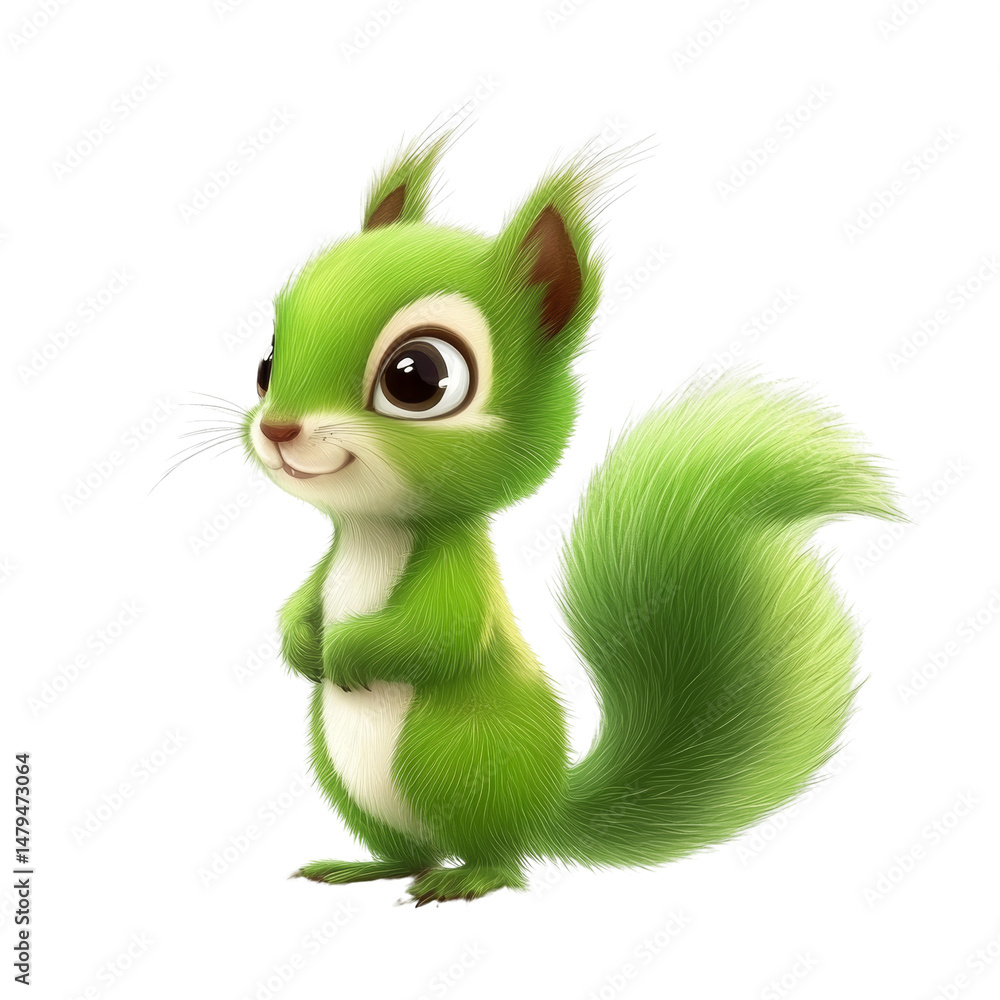 Poster Whimsical cartoon green squirrel with fluffy tail in a playful pose on a simple backdrop