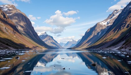 a peaceful fjord is framed by towering cliffs and mirrored in still, icy waters.