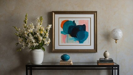 Artistic Composition:  A meticulously styled vignette features an artistic painting adorned within a golden frame.