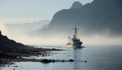 a small fishing boat drifts through the early morning mist near a rocky coastline.